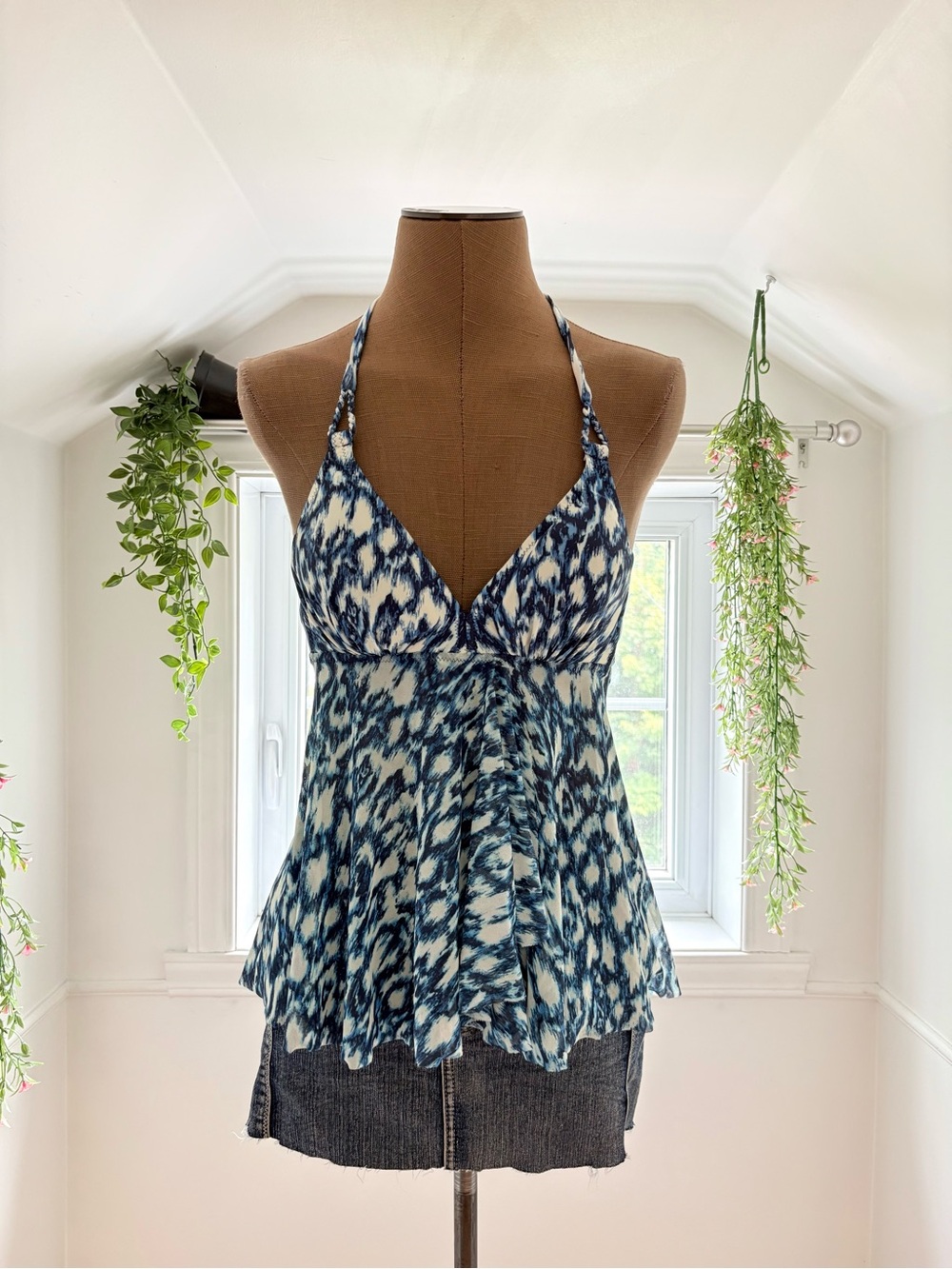 Blue Patterned Halter Tankini Top